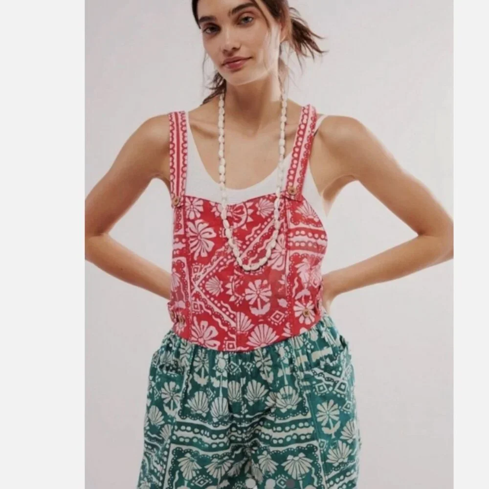 NEW  Free People Women's Red Palm Bay Printed Shortalls